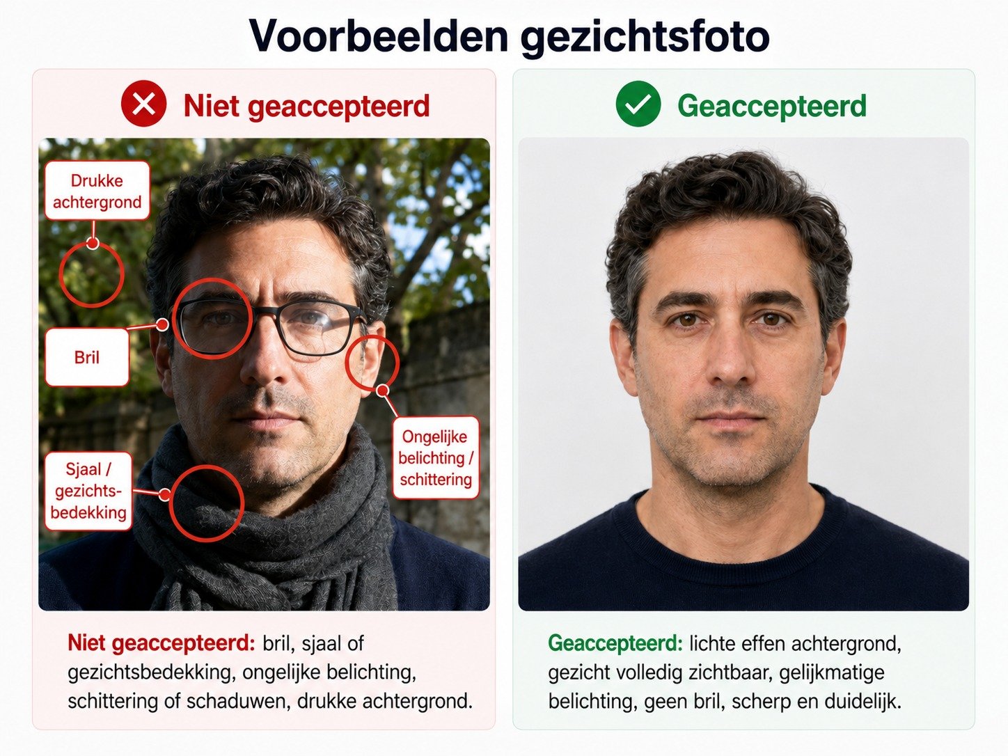 Voorbeelden van een geaccepteerde en niet geaccepteerde gezichtsfoto
